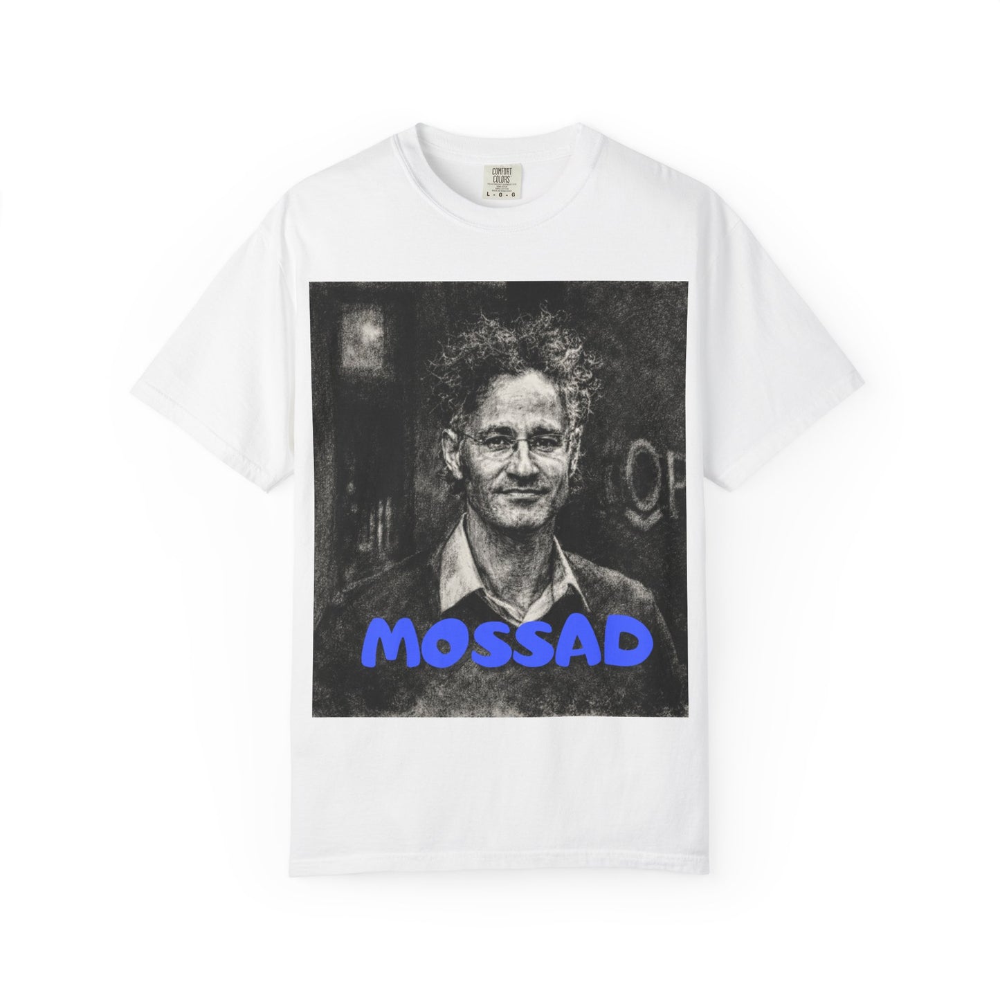 Alex Karp Graphic T-Shirt — Vintage Portrait with "MOSSAD" Blue Text