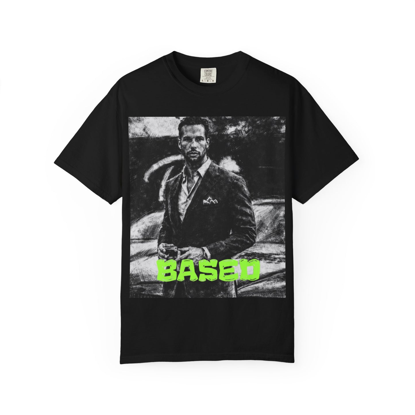 Tristin Tate Based Vintage Portrait T-Shirt — Retro Noir Graphic Tee with Neon "BASED"