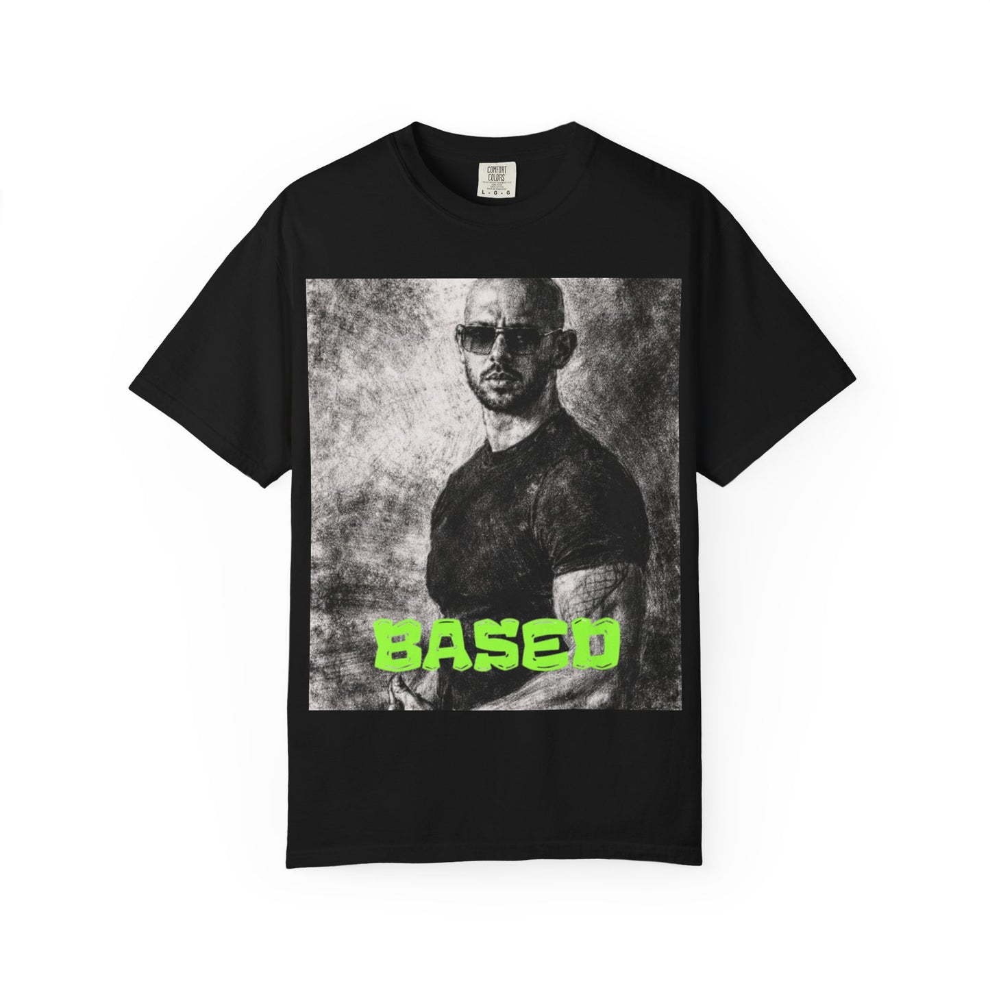 Top G Based Graphic T-Shirt — Retro Portrait Tee with Neon "BASED" Text