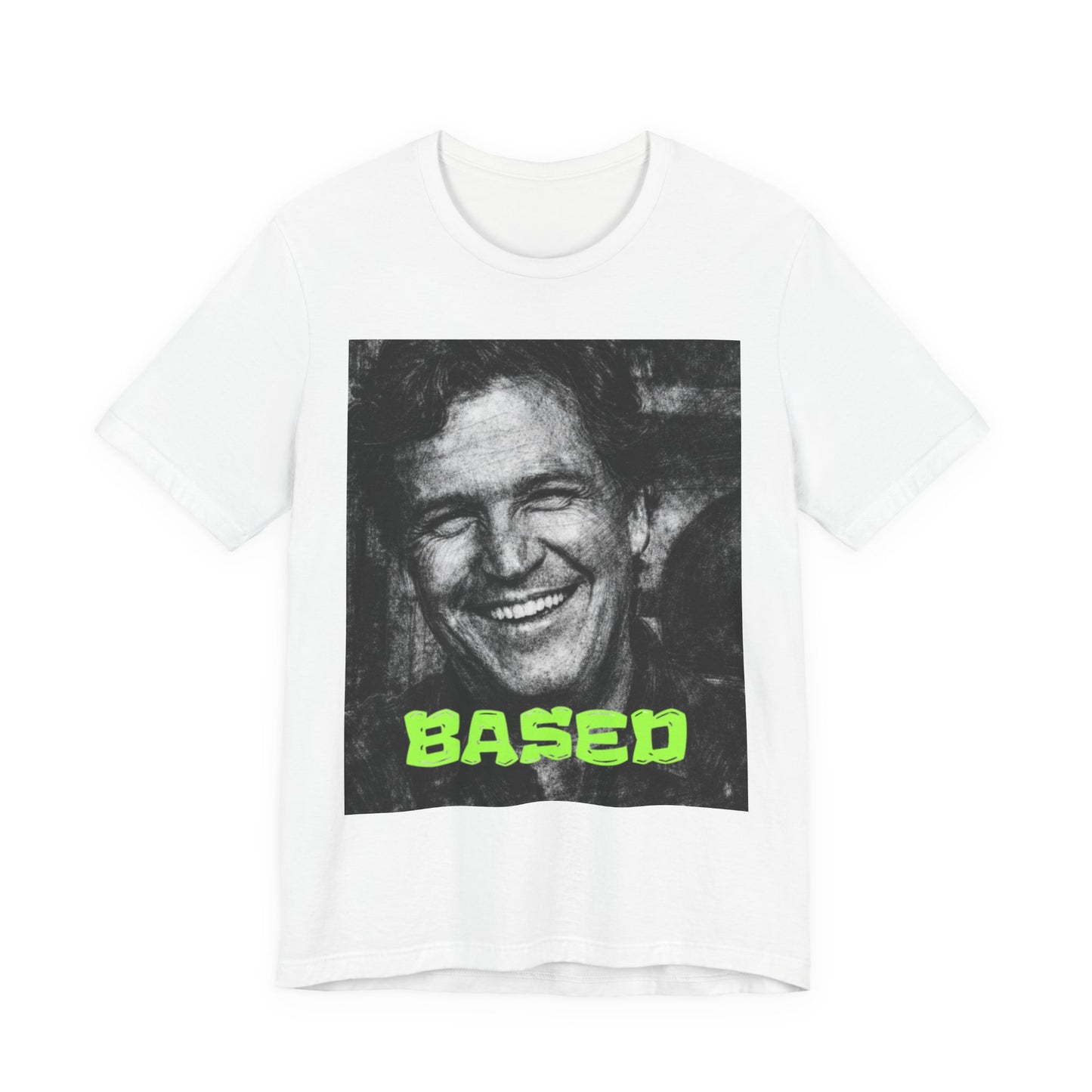 Tucker Carlson Based Graphic Tee — Neon "BASED" Retro Portrait T-Shirt