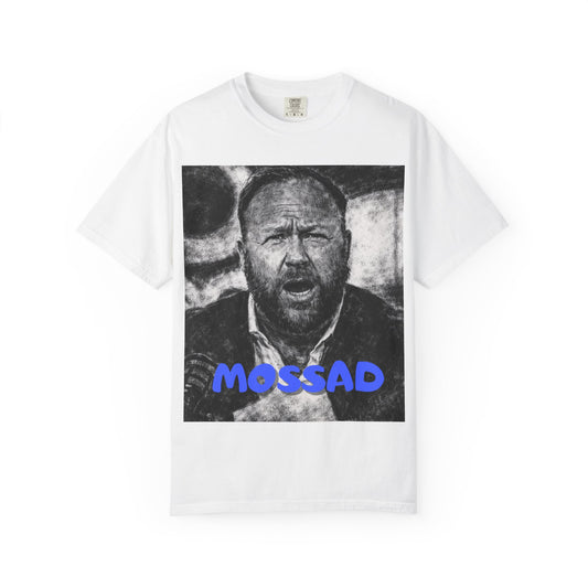Alex Jones Graphic T-Shirt — Bold Mossad Text Over Grayscale Portrait, Political Statement Tee