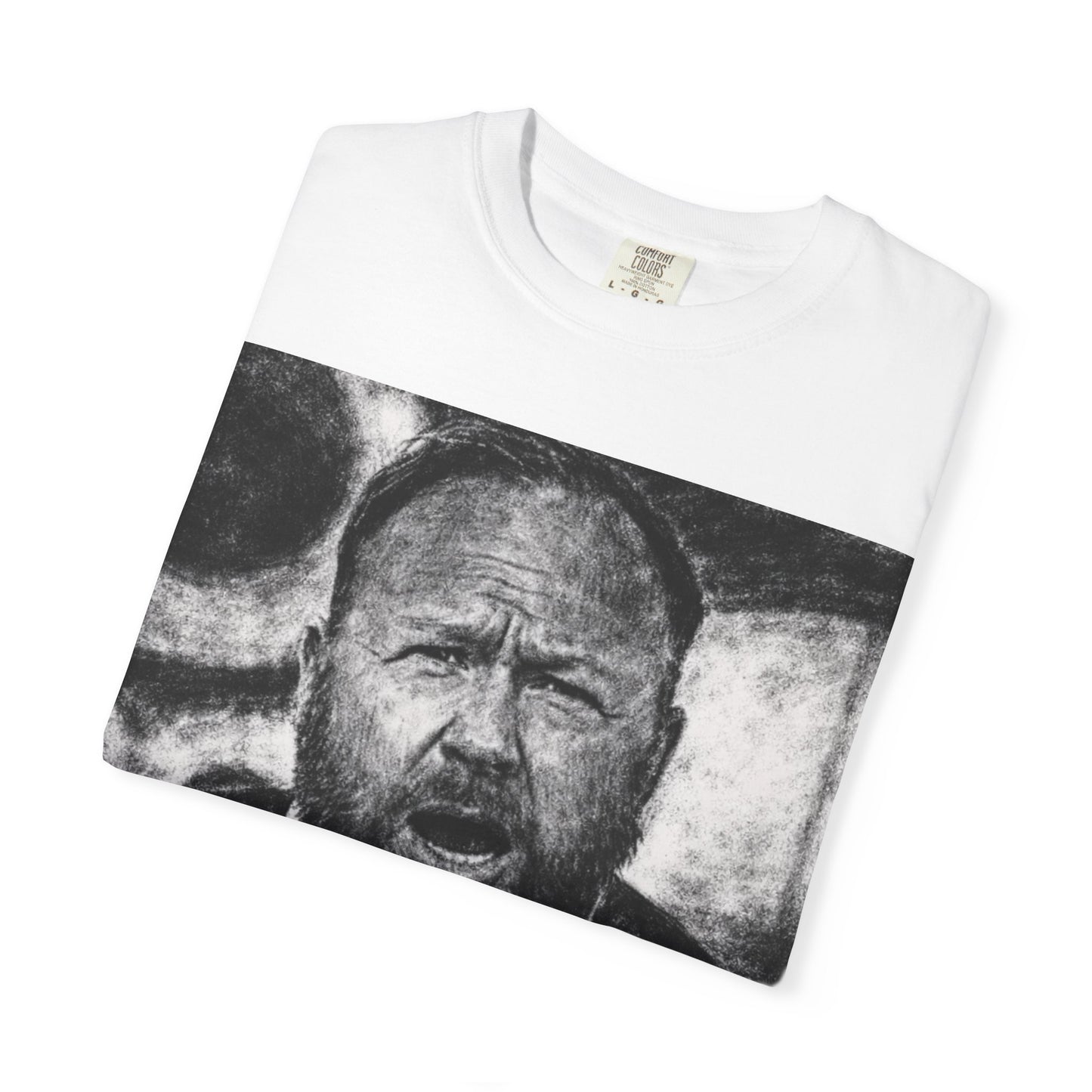 Alex Jones Graphic T-Shirt — Bold Mossad Text Over Grayscale Portrait, Political Statement Tee