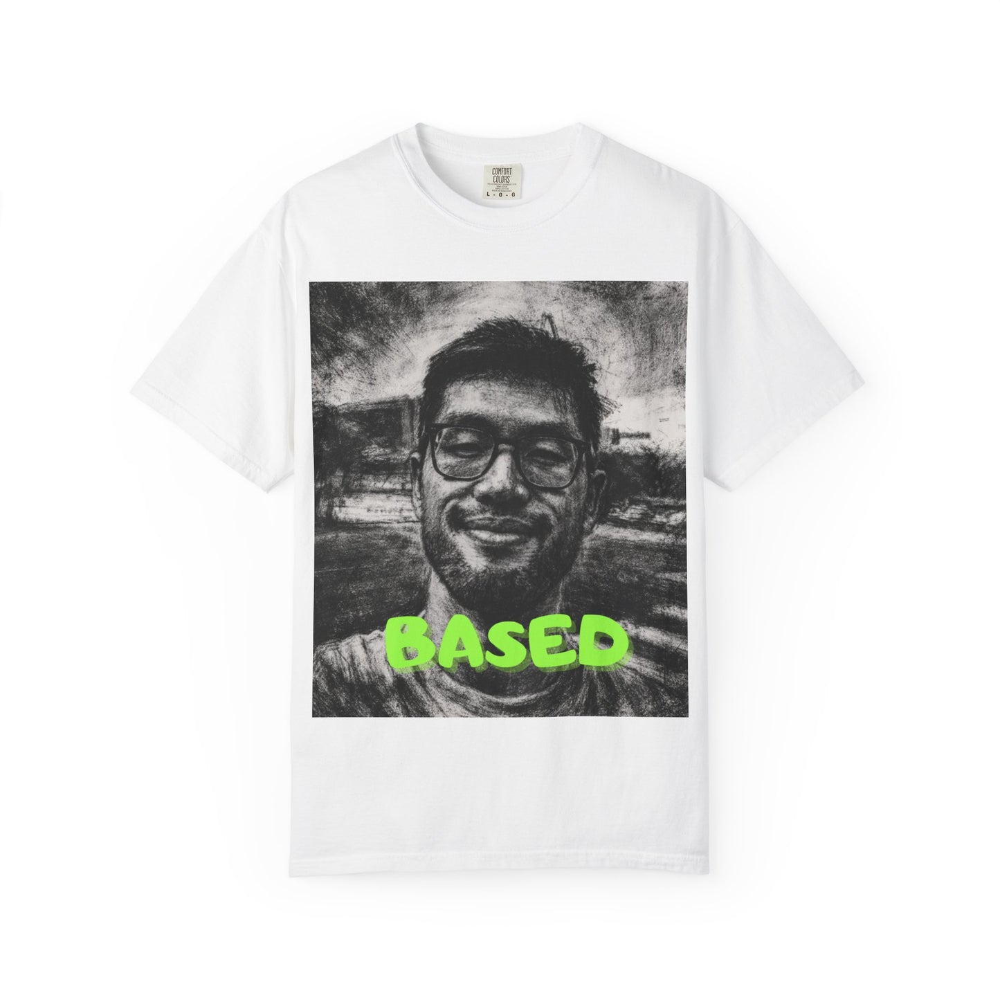 James LI Based Photo T-Shirt – Grayscale Portrait Tee with Neon "BASED" Text