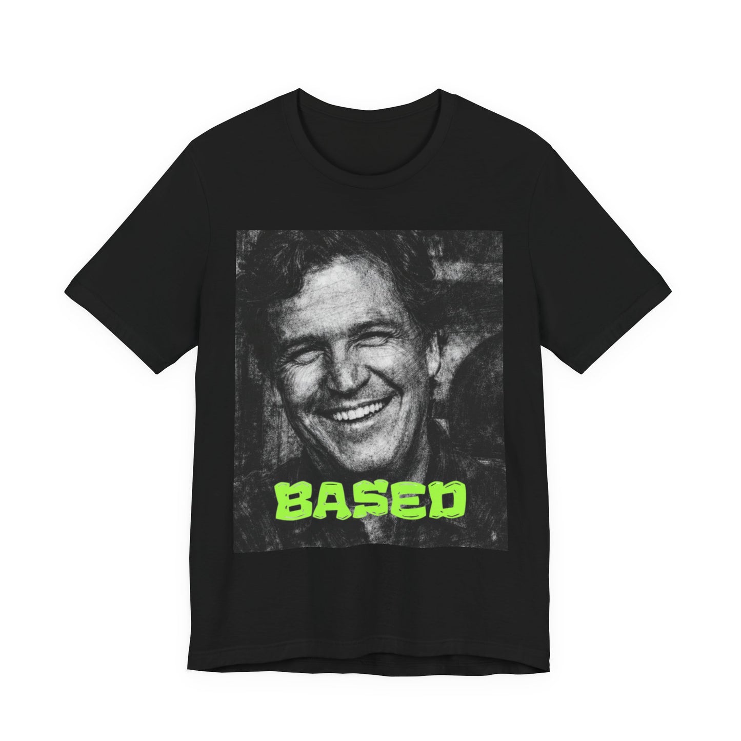 Tucker Carlson Based Graphic Tee — Neon "BASED" Retro Portrait T-Shirt