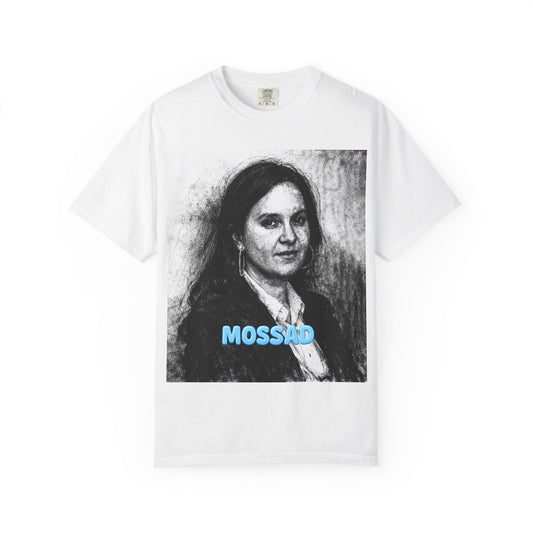 Barii Weiss Portrait Graphic T-Shirt — 'Mossad' Blue Text Vintage Photo Tee