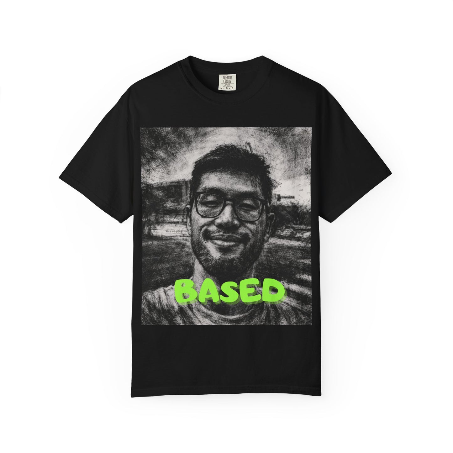 James LI Based Photo T-Shirt – Grayscale Portrait Tee with Neon "BASED" Text