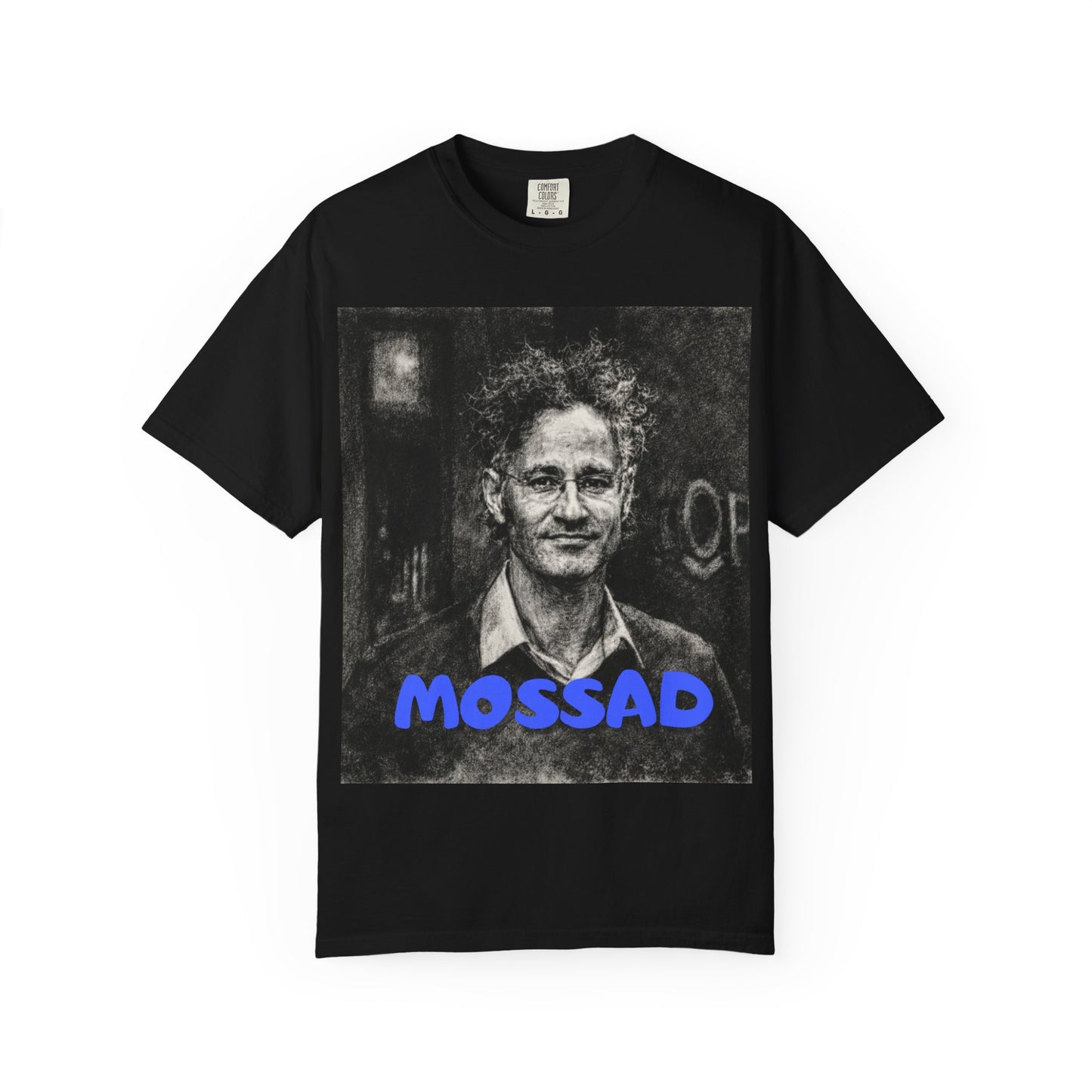 Alex Karp Graphic T-Shirt — Vintage Portrait with "MOSSAD" Blue Text