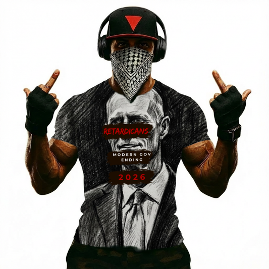 Graphic Tee — Distressed Portrait with 'LEADER' Redacted Text