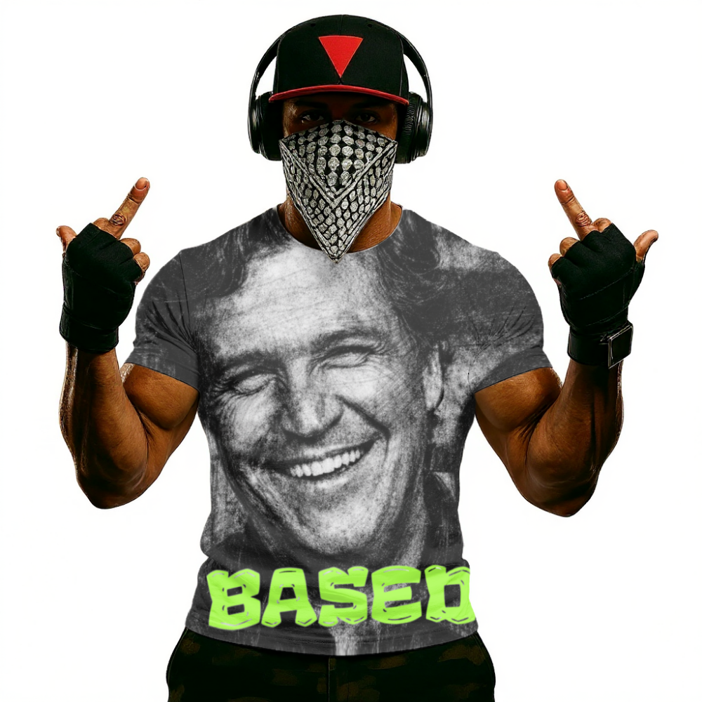 Tucker Carlson Based Graphic Tee — Neon "BASED" Retro Portrait T-Shirt