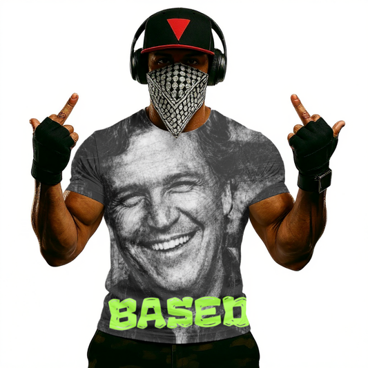 Tucker Carlson Based Graphic Tee — Neon "BASED" Retro Portrait T-Shirt