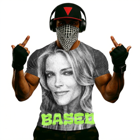 Megan Kelly Graphic T-Shirt — Retro Portrait with 'BASED' Neon Text