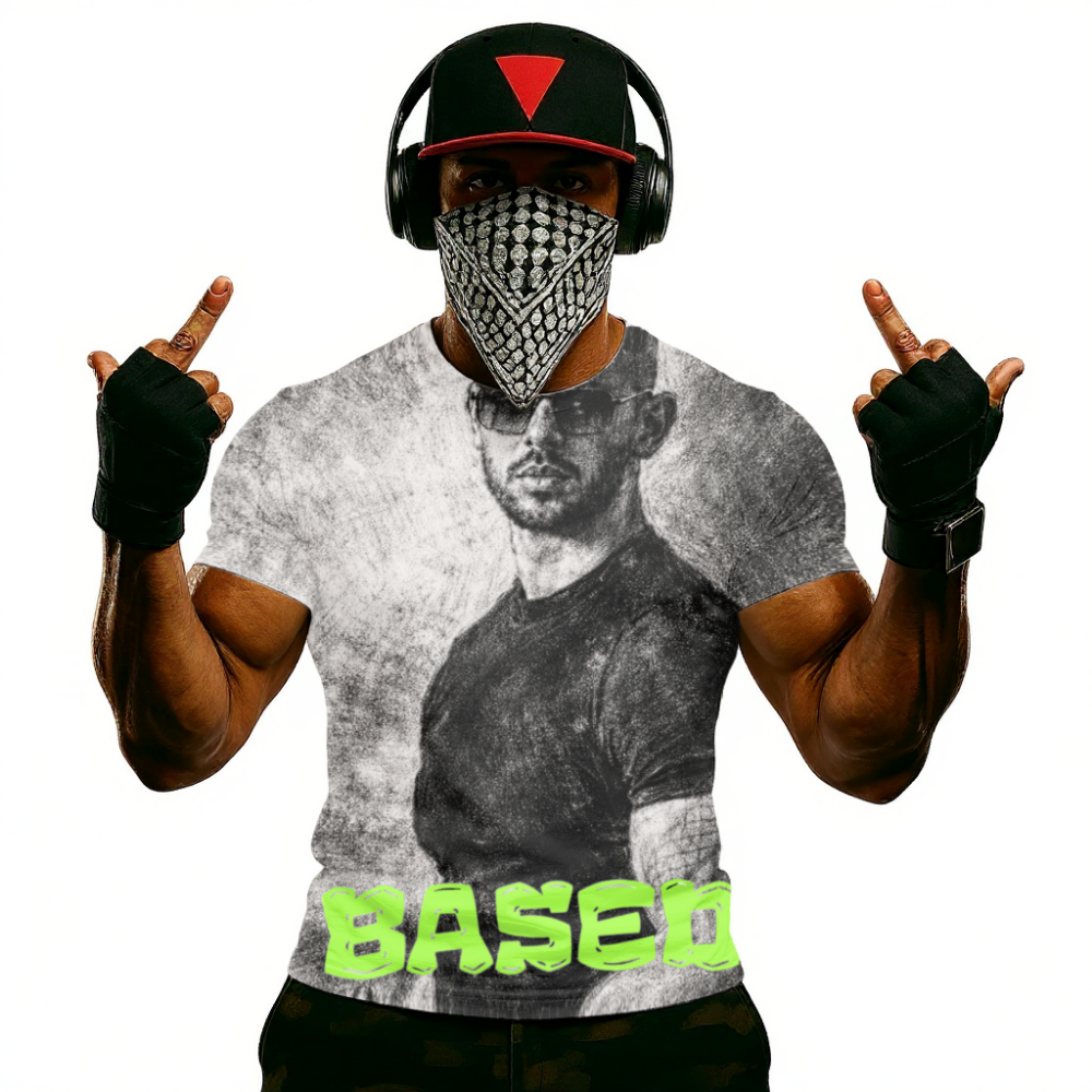 Top G Based Graphic T-Shirt — Retro Portrait Tee with Neon "BASED" Text