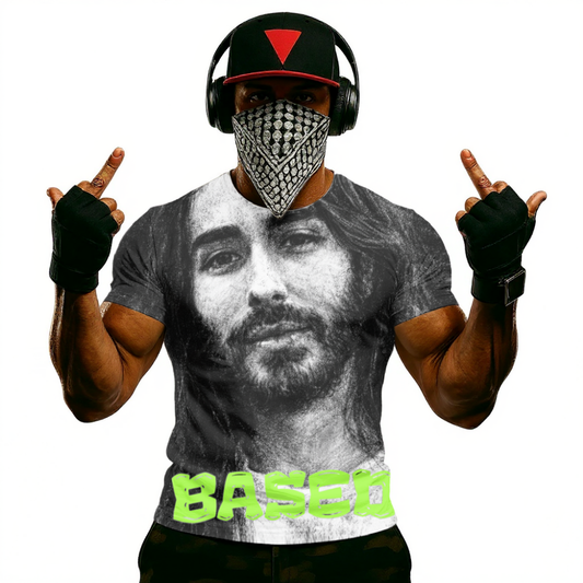 Moist Critikal Graphic T-Shirt — Vintage Portrait with Neon “BASED” Text