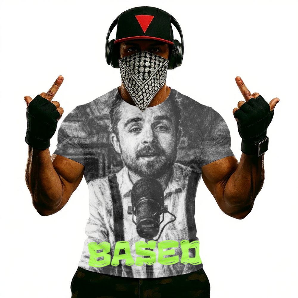 CoffeeZilla Based Portrait T-Shirt — Vintage Monochrome Photo Tee with Neon "BASED" Text