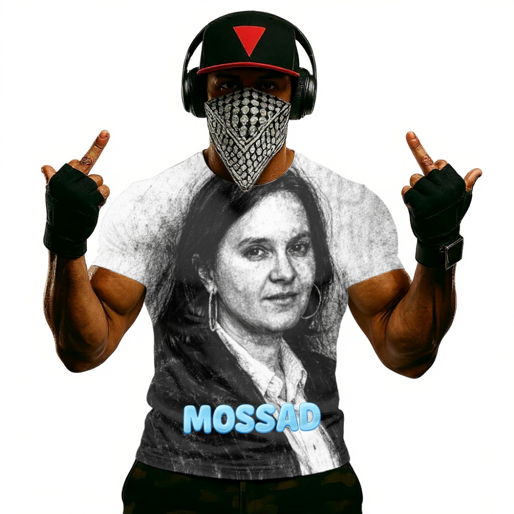 Barii Weiss Portrait Graphic T-Shirt — 'Mossad' Blue Text Vintage Photo Tee