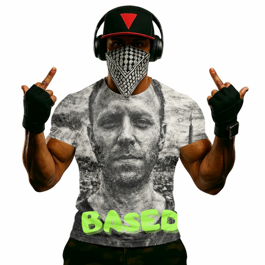 Max Blumenthol Based Portrait T-Shirt — Grunge Photo Tee with Neon "BASED" Text
