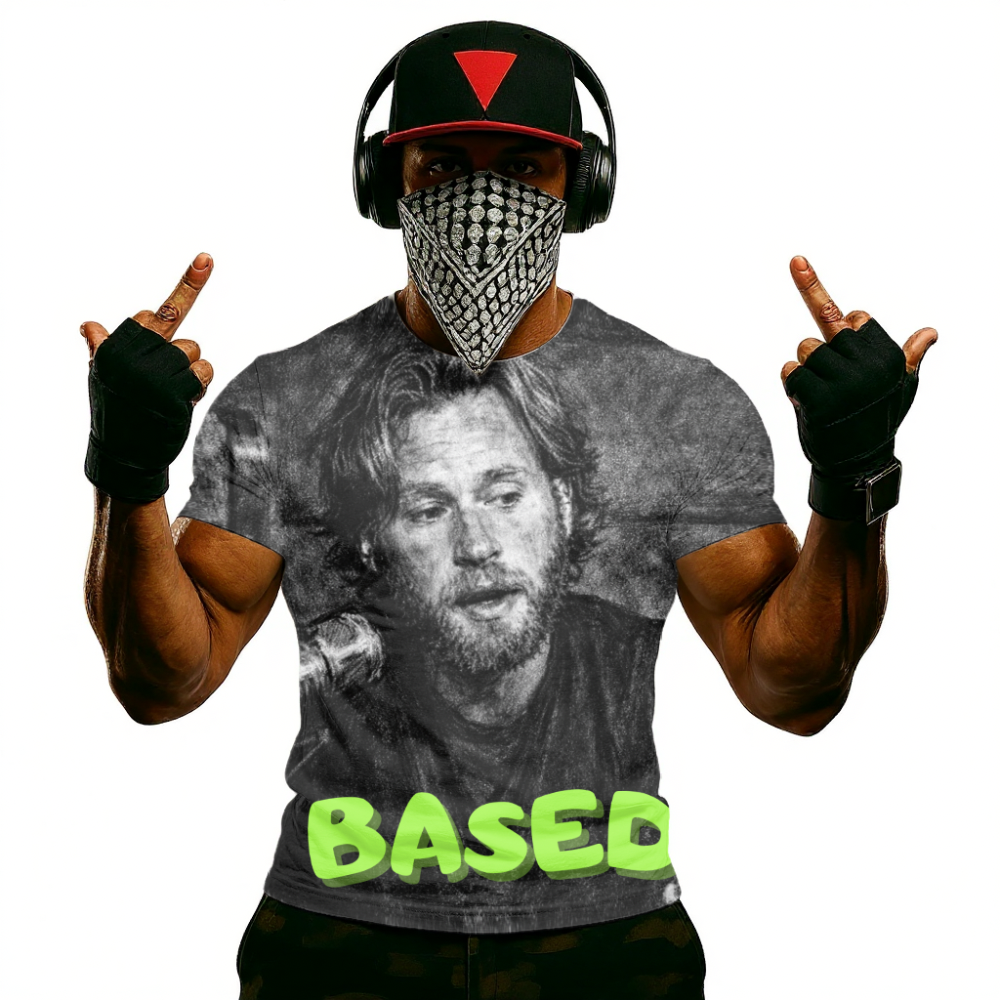Owen Shrovetide Based Graphic T-Shirt — Vintage Black & White Photo with Neon 'BASED' Text