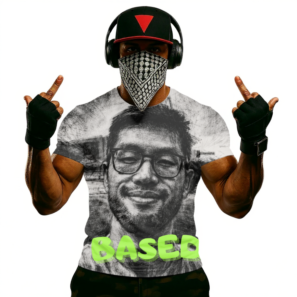 James LI Based Photo T-Shirt – Grayscale Portrait Tee with Neon "BASED" Text