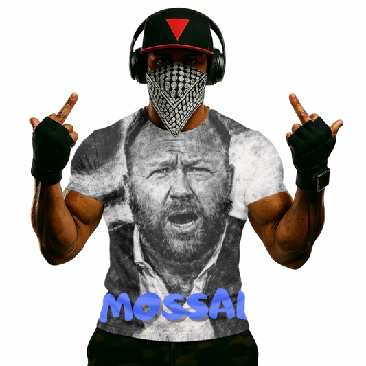 Alex Jones Graphic T-Shirt — Bold Mossad Text Over Grayscale Portrait, Political Statement Tee