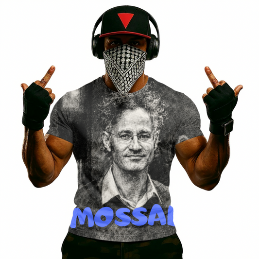 Alex Karp Graphic T-Shirt — Vintage Portrait with "MOSSAD" Blue Text