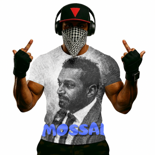 Kash Patel Portrait Graphic T-Shirt — 'MOSSAD' Bold Blue Text
