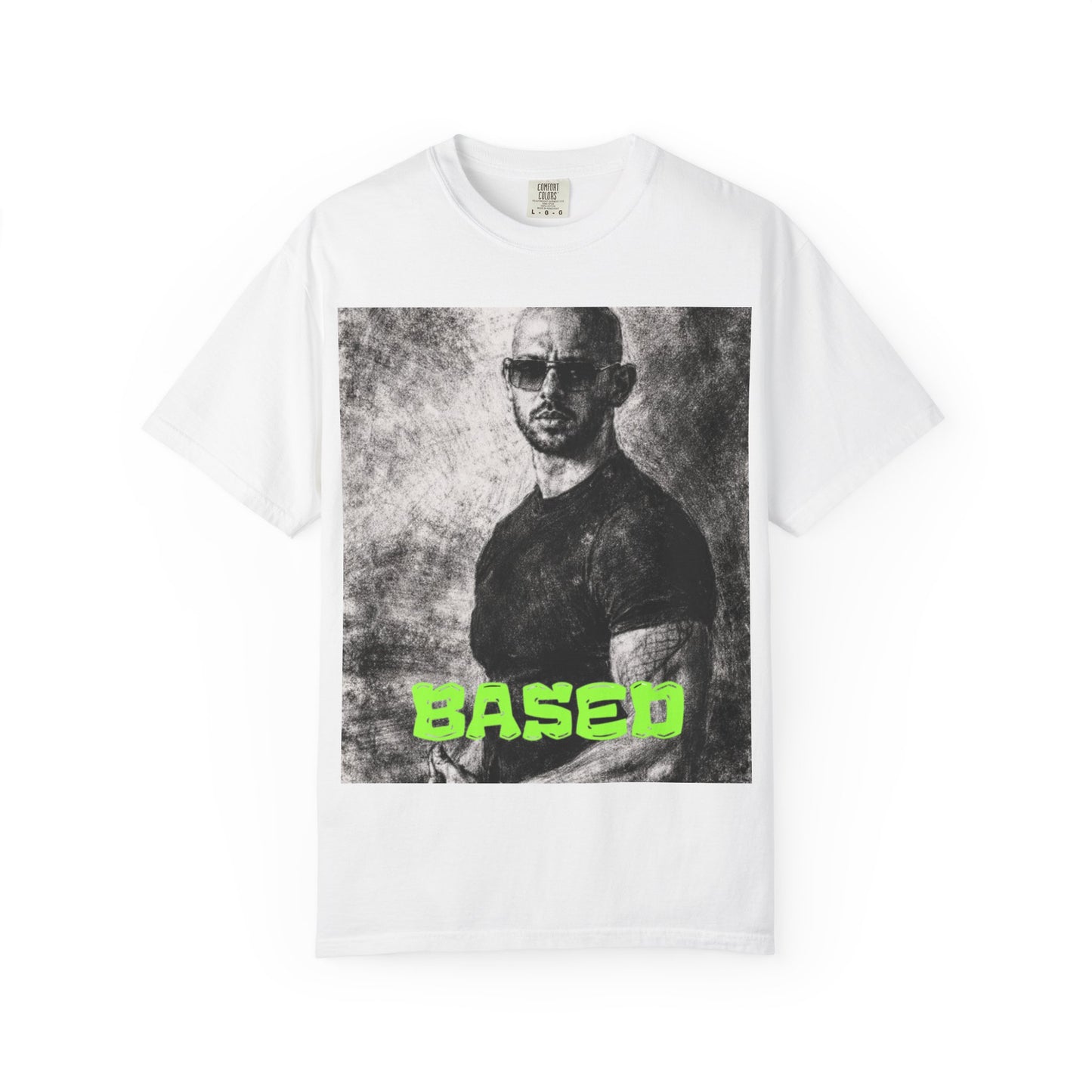 Top G Based Graphic T-Shirt — Retro Portrait Tee with Neon "BASED" Text