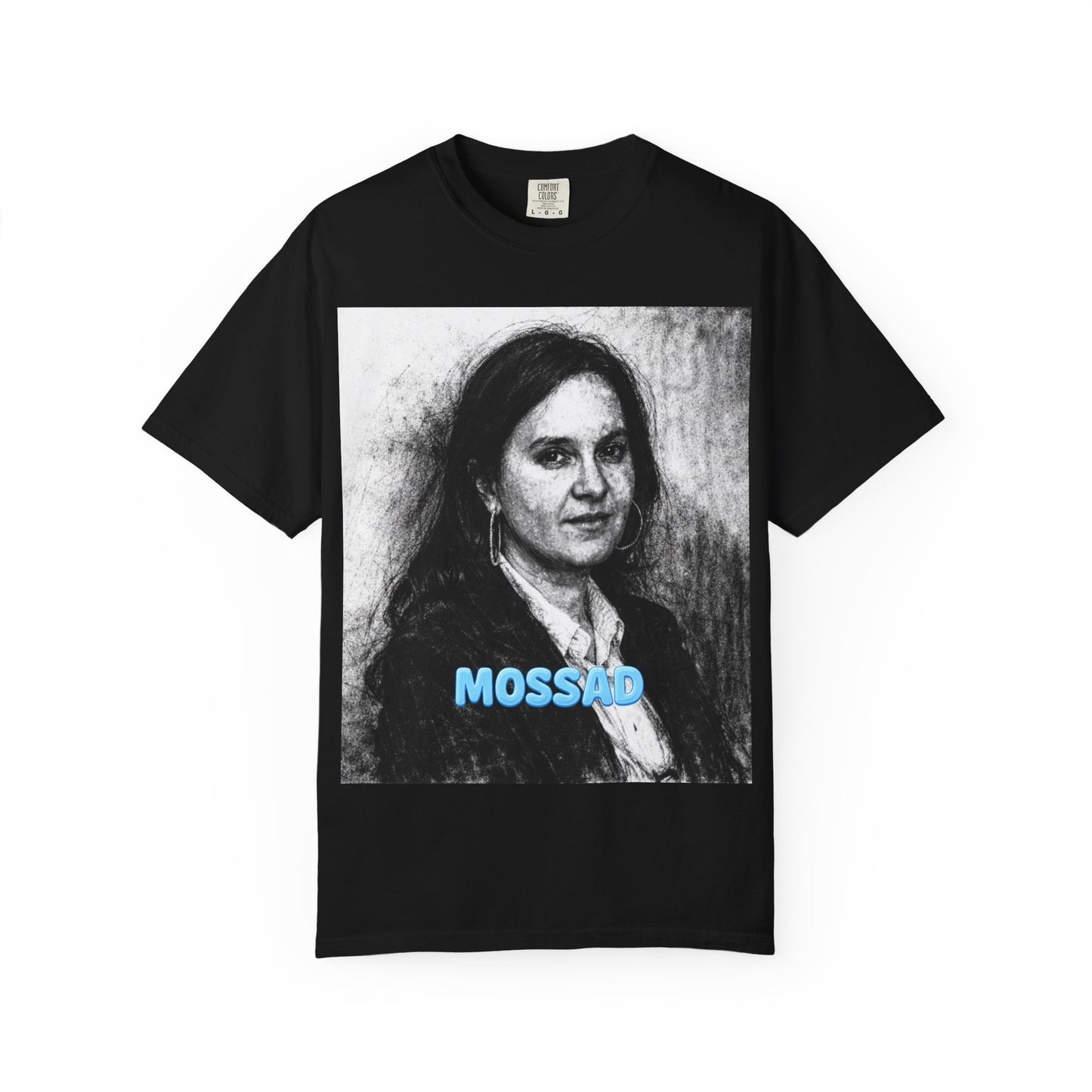 Barii Weiss Portrait Graphic T-Shirt — 'Mossad' Blue Text Vintage Photo Tee