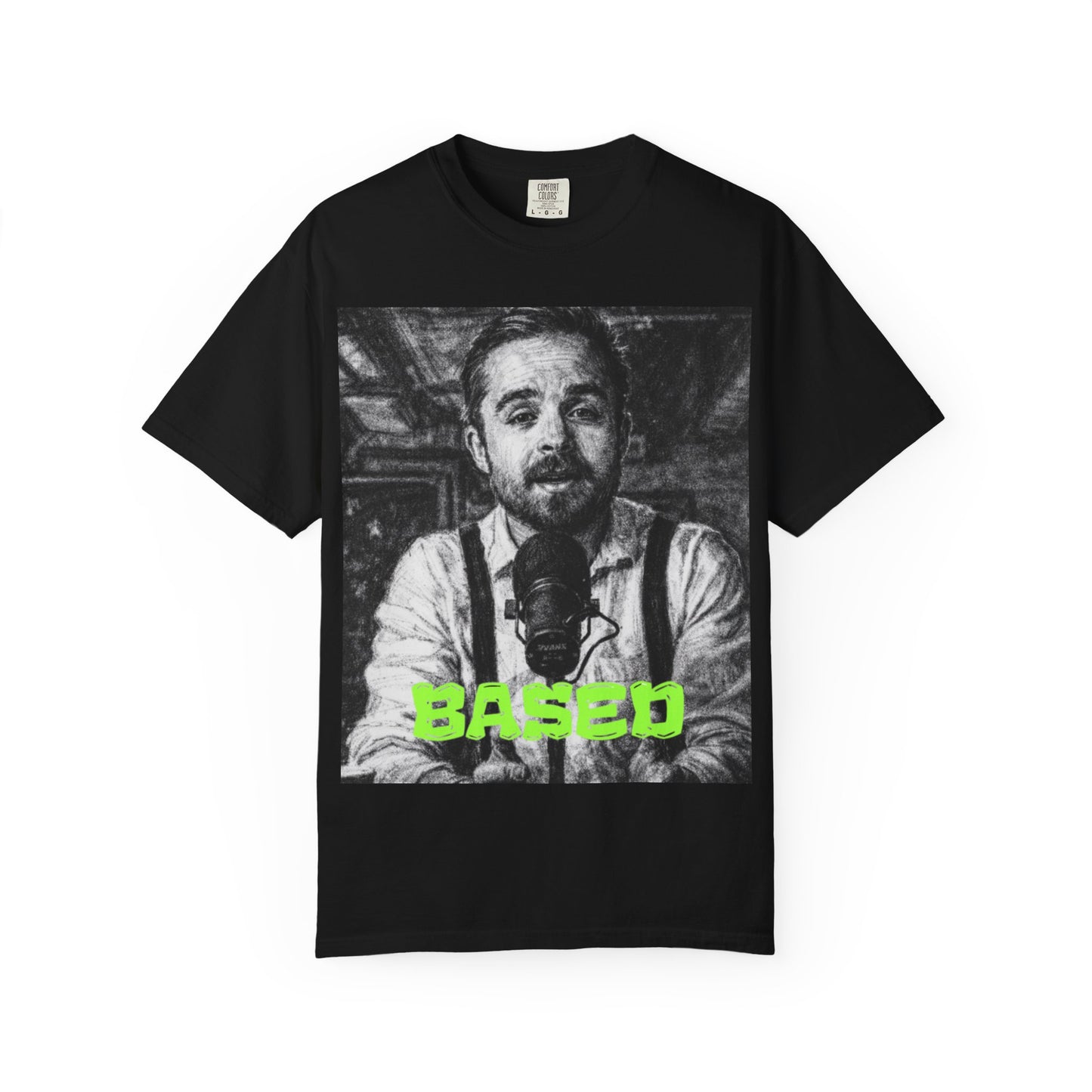 CoffeeZilla Based Portrait T-Shirt — Vintage Monochrome Photo Tee with Neon "BASED" Text
