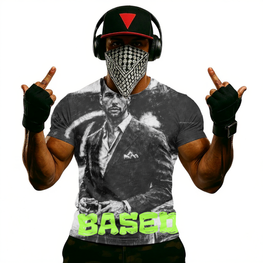 Tristin Tate Based Vintage Portrait T-Shirt — Retro Noir Graphic Tee with Neon "BASED"