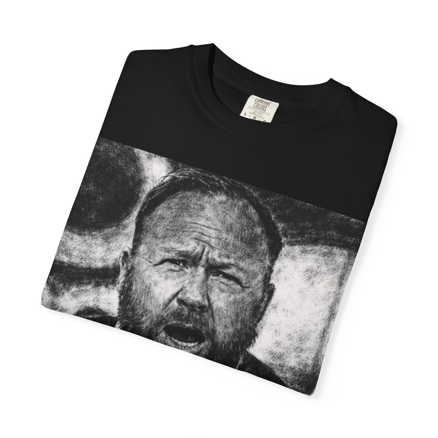 Alex Jones Graphic T-Shirt — Bold Mossad Text Over Grayscale Portrait, Political Statement Tee